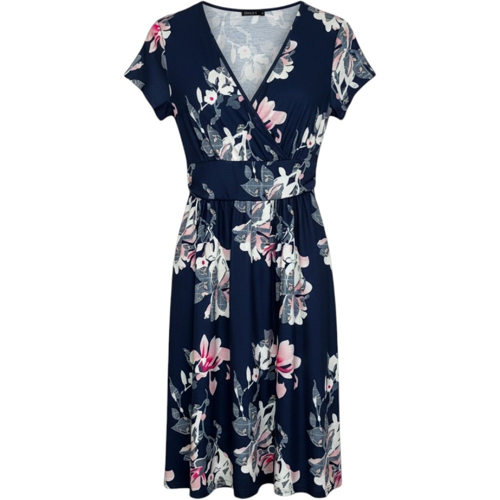 OUGES Floral Wrap Dress Women L Navy Pink Short Sleeve V-Neck Cotton Summer